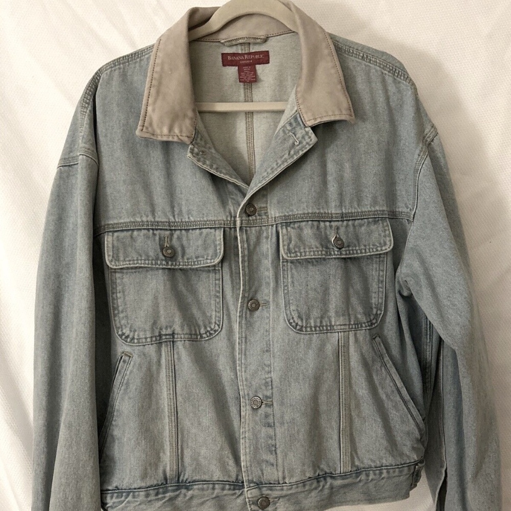 Banana Republic Men’s Size XL Denim Button Front Blue Jean Jacket Tan Collar